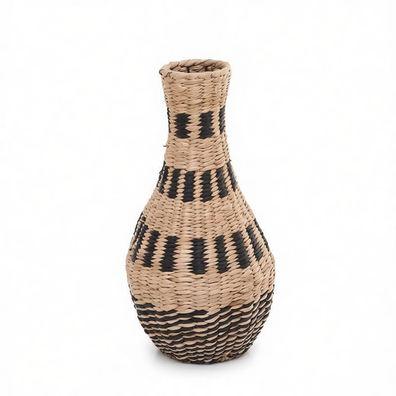Black & White Geometric Rush Grass Woven Decorative Vase - WovenNatural