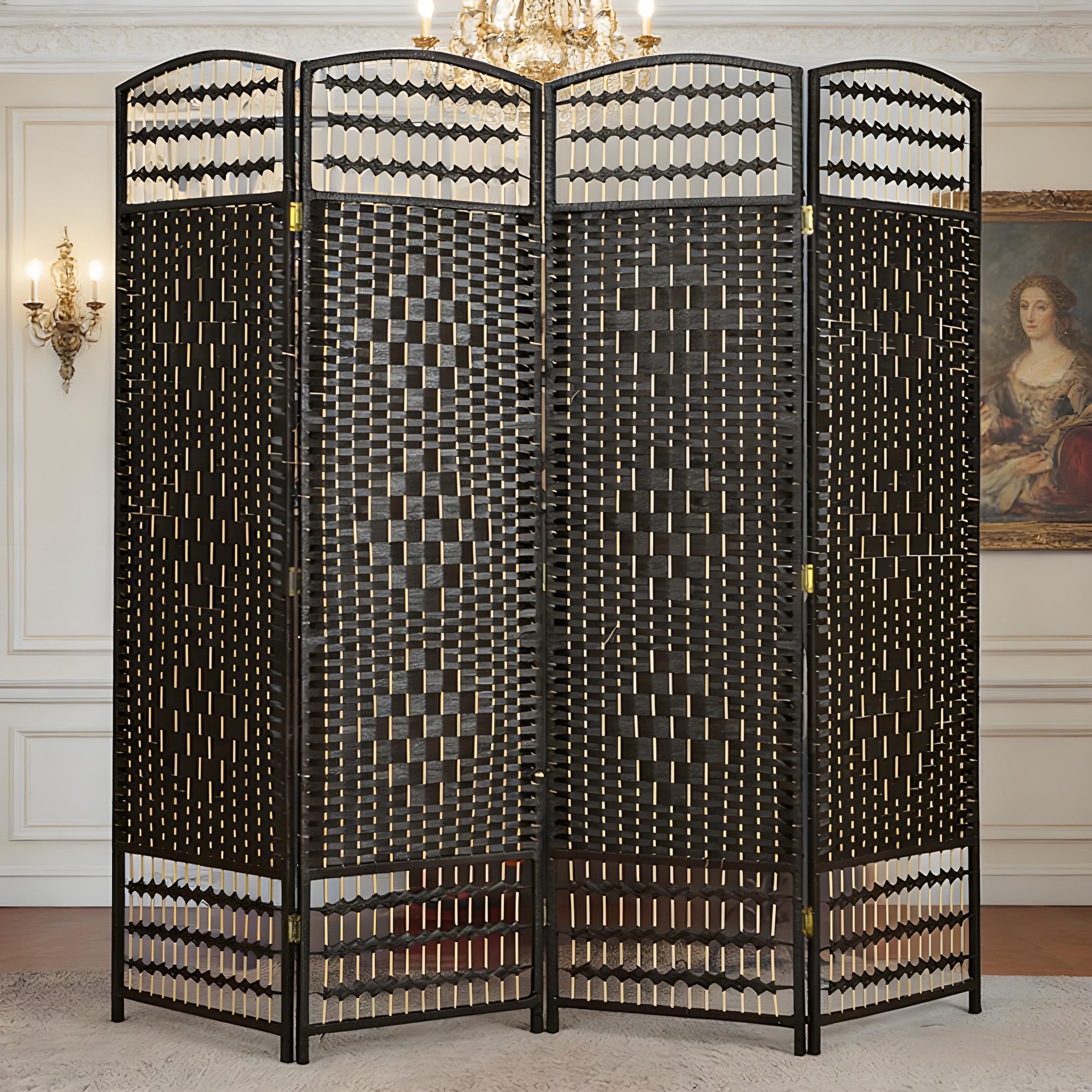 Customizable black woven wooden screen as a partition in a luxury European living room with a crystal chandelier