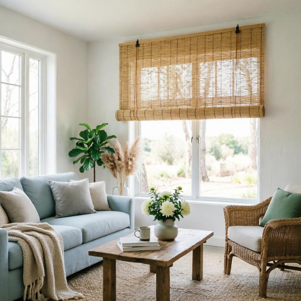 Customizable light brown reed blind filtering sunlight in a rustic living space with a light blue sofa and wicker chair