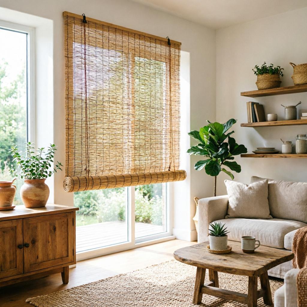Customizable natural reed roller blind filtering light in a bright Nordic living room with wooden furniture and plants