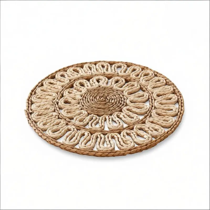 Round Handwoven Seagrass Placemat with Openwork Floral Pattern - WovenNatural