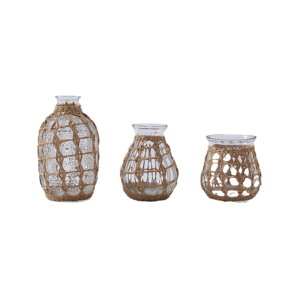 Set of 3 Jute Net Woven Glass Vases - WovenNatural