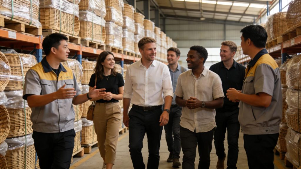 Happy International Clients Inspecting Rattan Storage Baskets in Finished Goods Warehouse