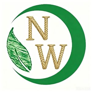 Woven Natural B2B logo, green circular with willow-woven NW letters, handmade woven home decor supplier