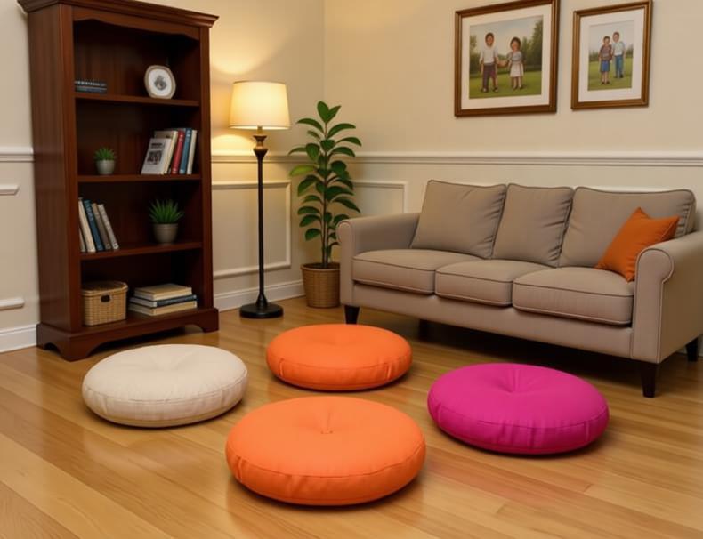 Mixed color round linen cushion set arranged in family living room