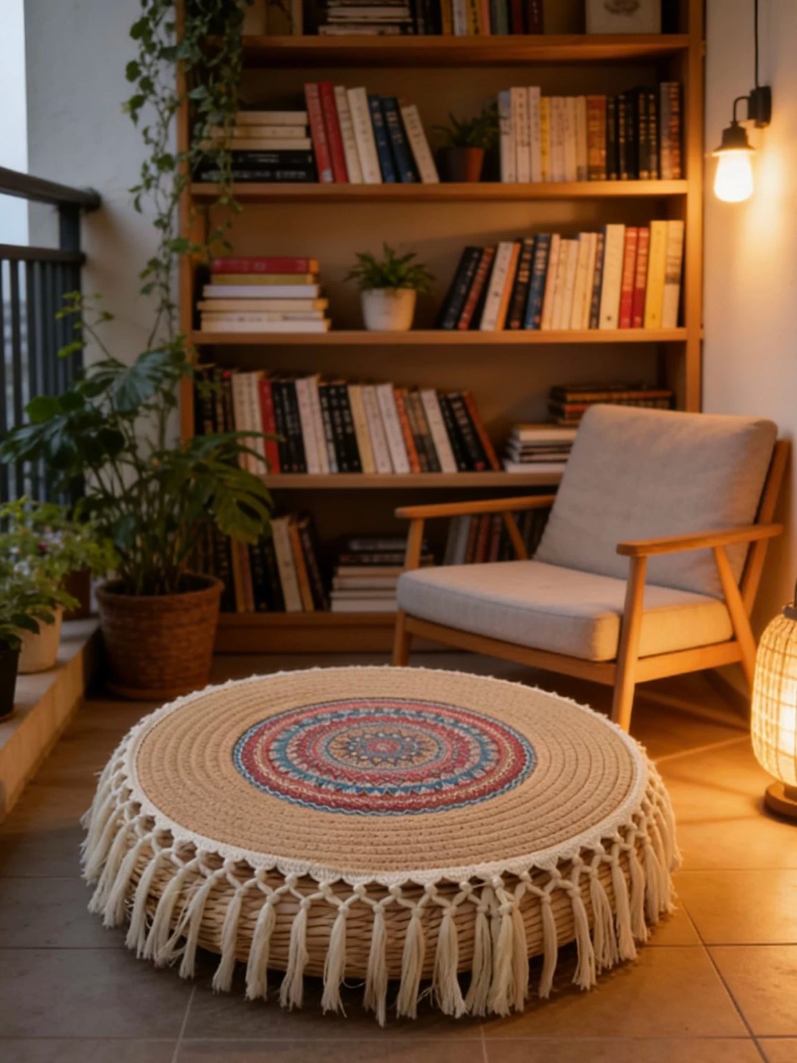 Bohemian macrame rattan floor cushion with mandala pattern, round floor pillow for living room reading nook decor