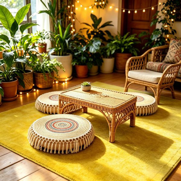 Boho macramé round floor cushions with fringe tassels paired with woven rattan coffee table and chair in a plant-filled bohemian living room