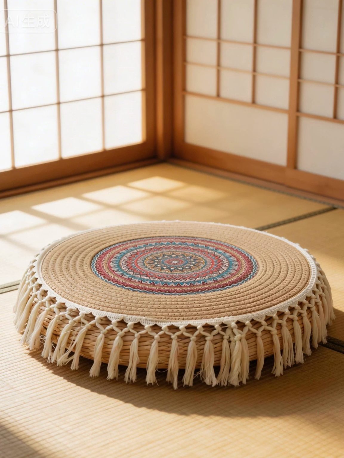 Bohemian rattan floor cushion with macrame tassels, round floor pillow for meditation and tatami room decor