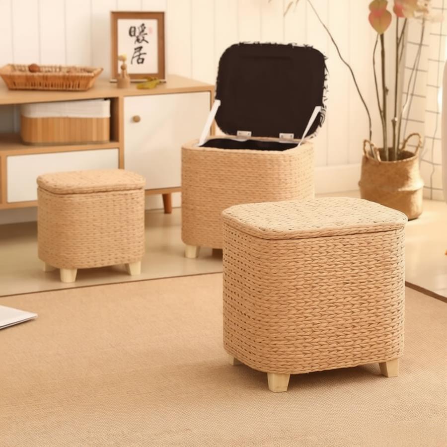 Natural cattail woven ottoman set with solid wood frame, storage footstool for living room