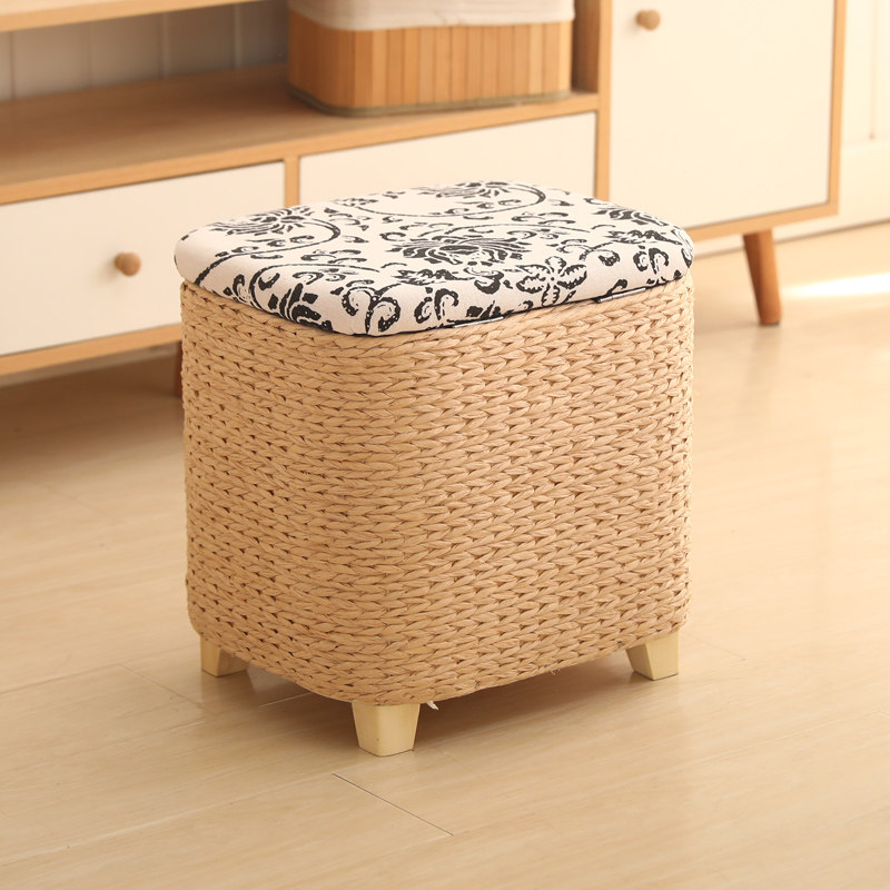 Cattail woven ottoman with cushion and solid wood frame, boho woven footstool