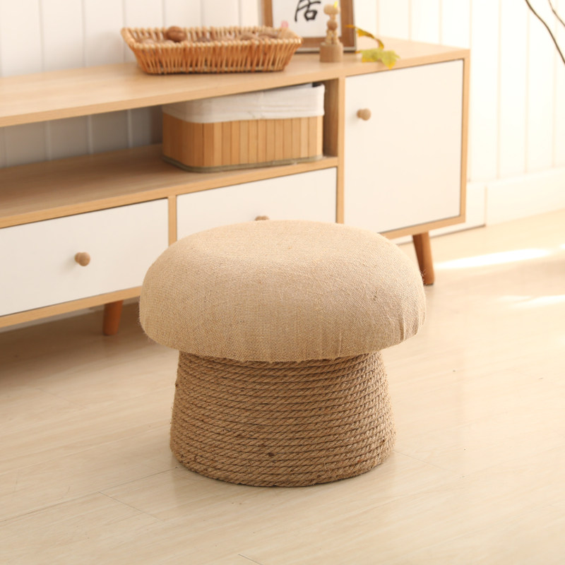 Fabric upholstered mushroom stool, entryway shoe bench, compact ottoman