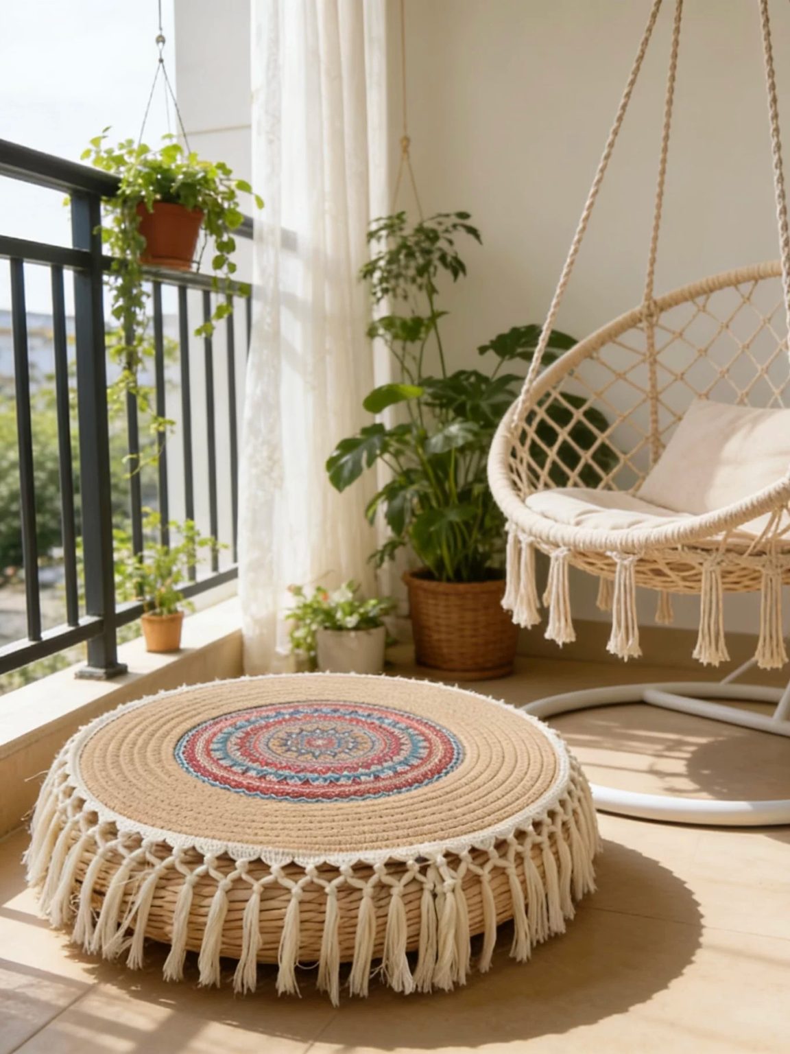 Handmade boho rattan floor cushion with tassels, woven floor pillow for balcony and garden decor