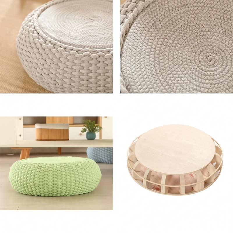 Handknit cotton pouf details, showing tight knit texture and solid wood internal frame