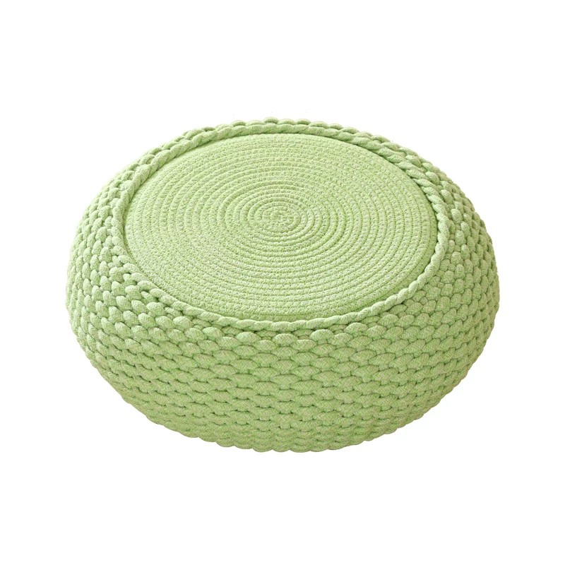 Light green handknit cotton floor pouf, eco-friendly with solid wood frame, custom size available