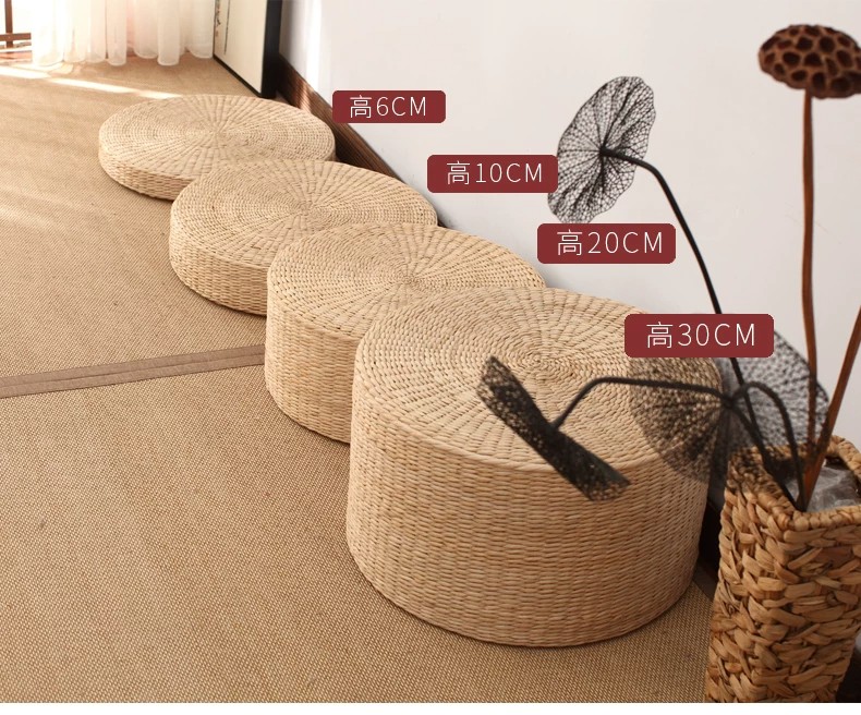 Multi-size handwoven rush floor cushion, with custom height options for versatile use