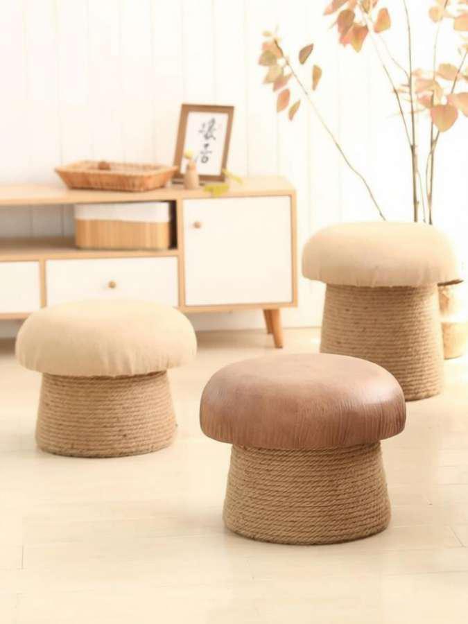 Cotton linen mushroom stool, fabric ottoman, living room shoe rack bench