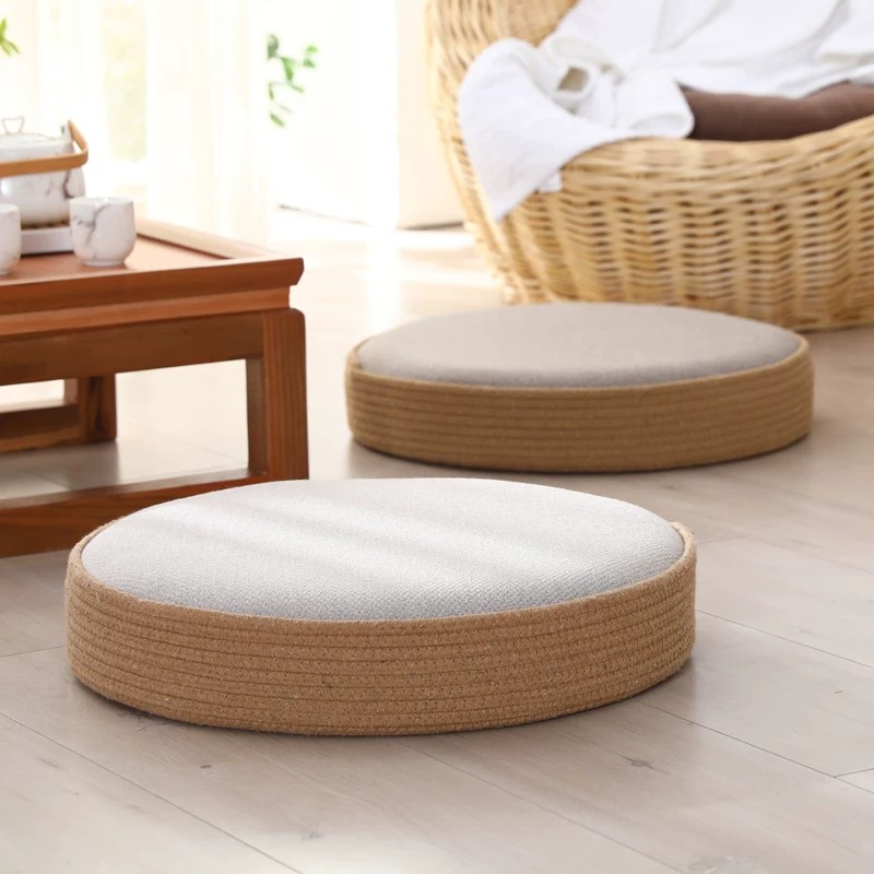 Natural handwoven cotton floor cushion for living room, rustic home decor