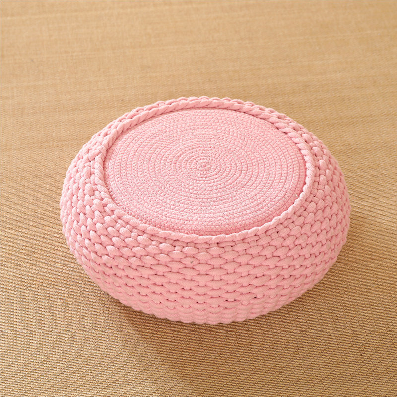 Pink handknit cotton floor pouf, eco-friendly fabric with solid wood frame, custom options