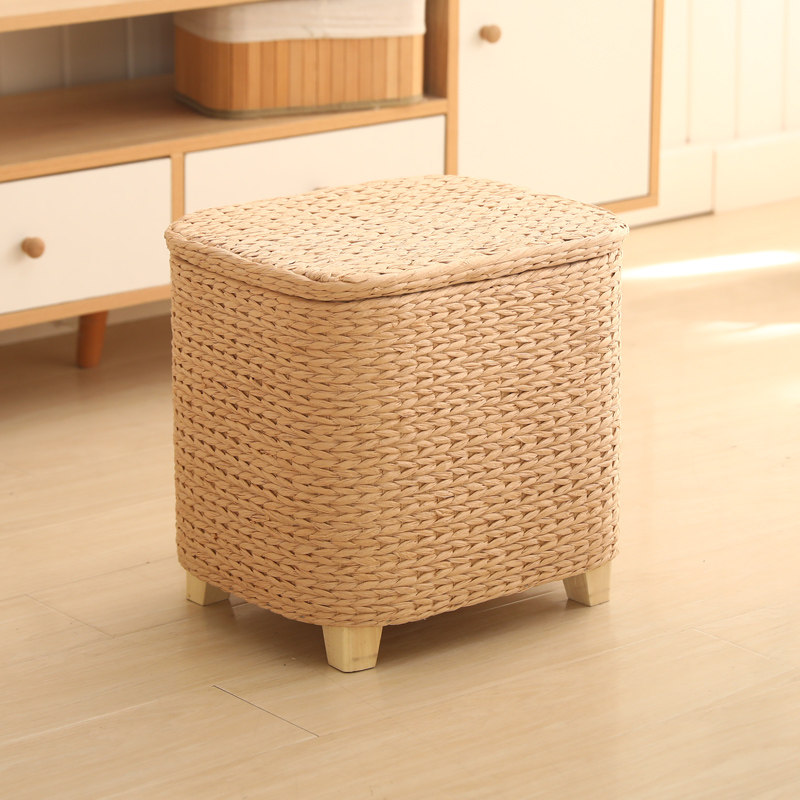 Plain cattail woven ottoman with solid wood frame, minimalist woven furniture