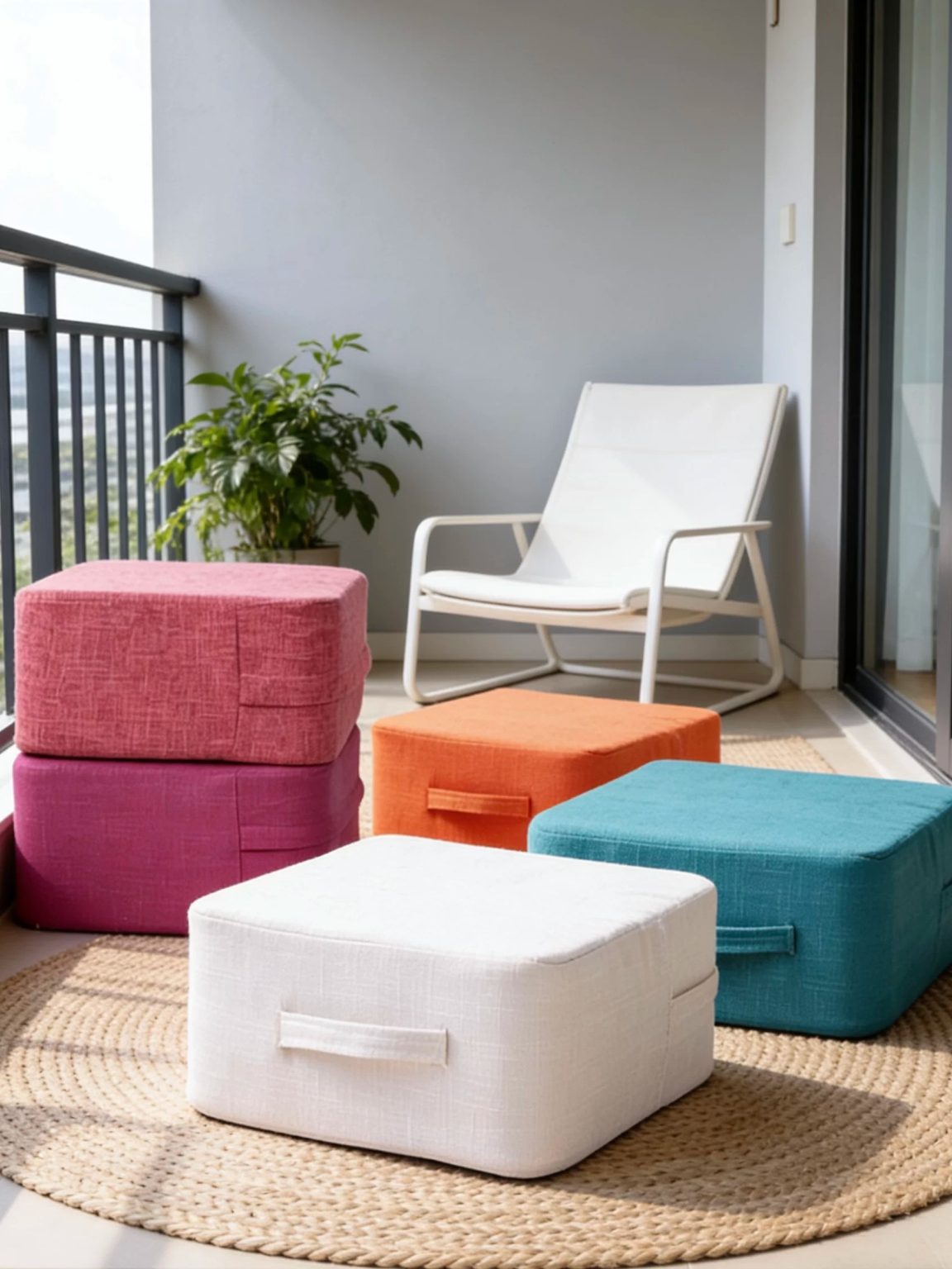 Square linen cushions with portable handles placed on outdoor balcony rattan mat