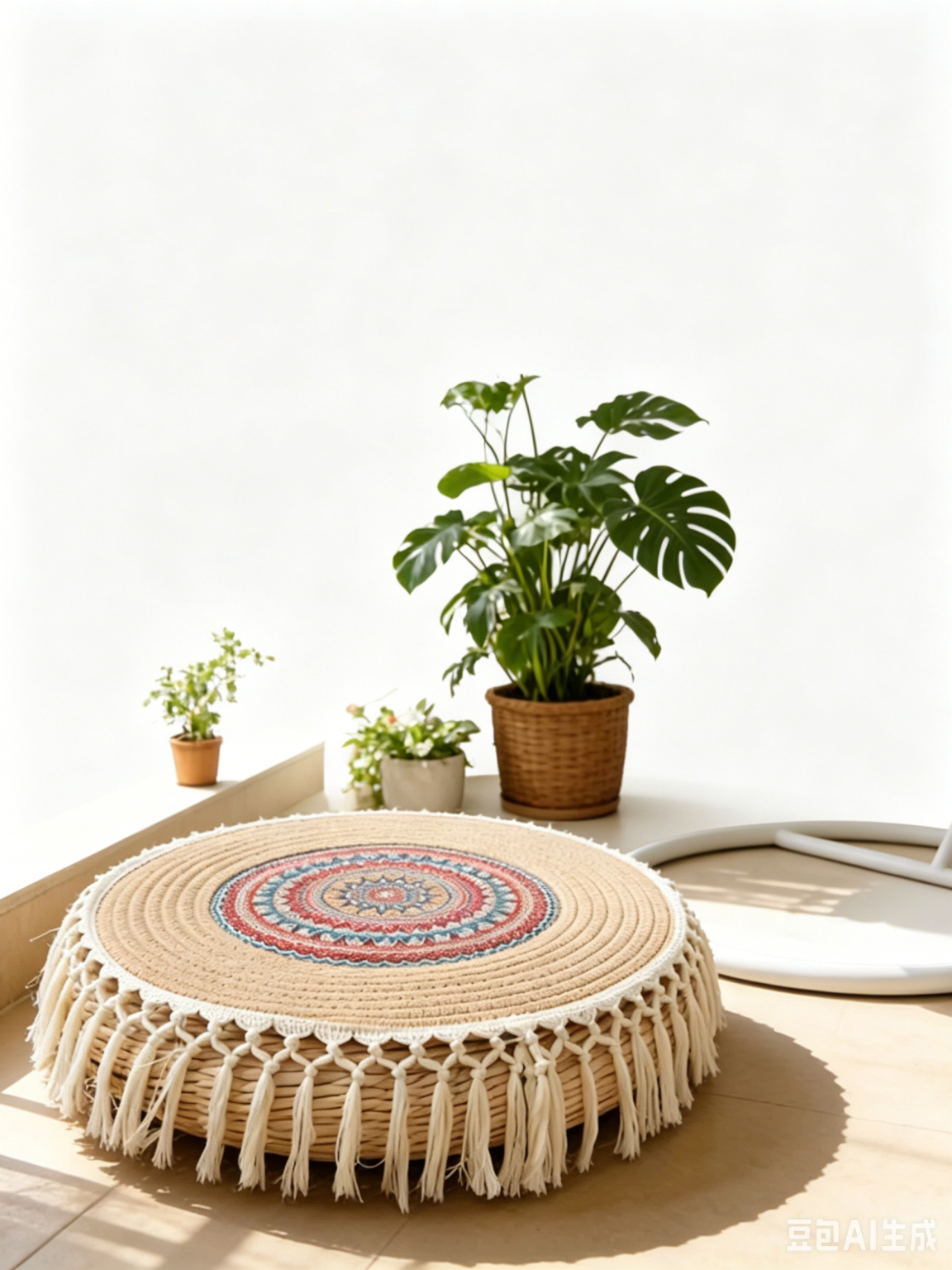 Round boho rattan floor cushion with macrame tassels, woven floor pillow with mandala pattern