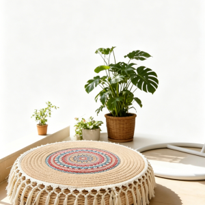 Round boho rattan floor cushion with macrame tassels, woven floor pillow with mandala pattern