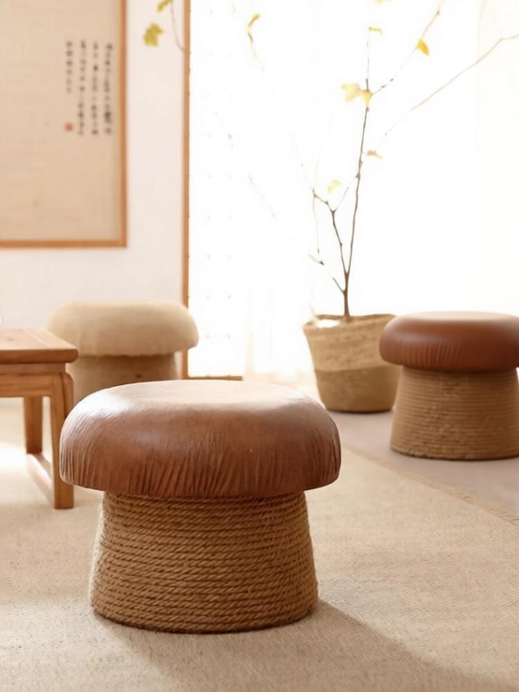 Jute fabric mushroom stool, tea room seating, Japanese tatami ottoman