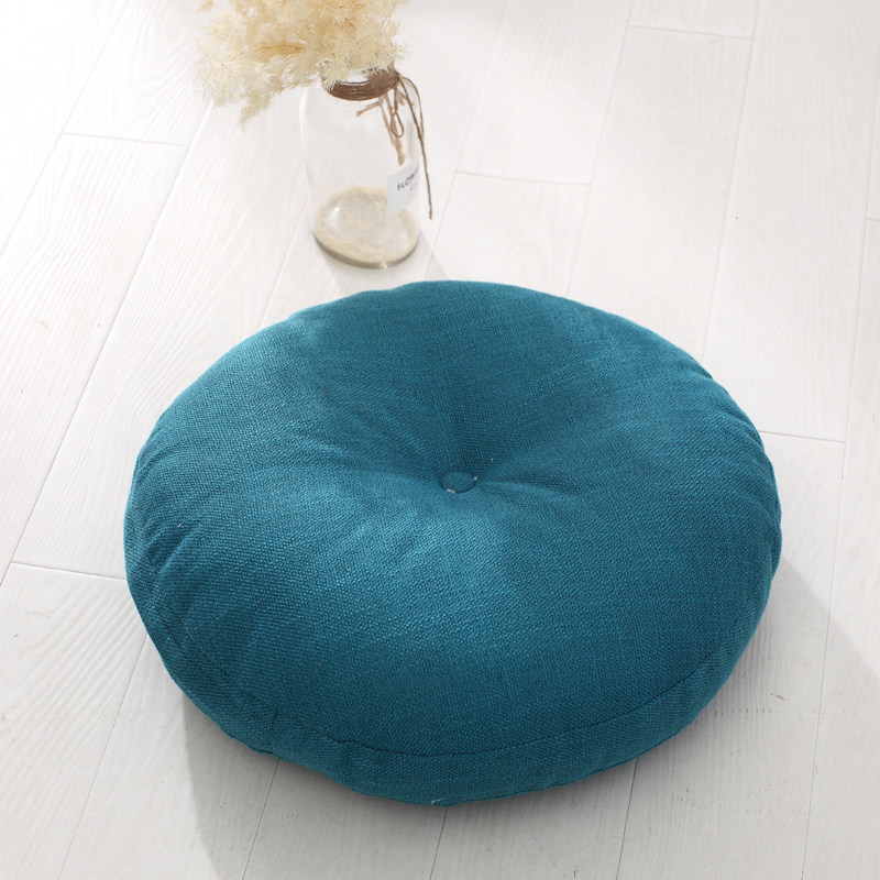 Solid teal round linen floor cushion, casual home decor seat cushion