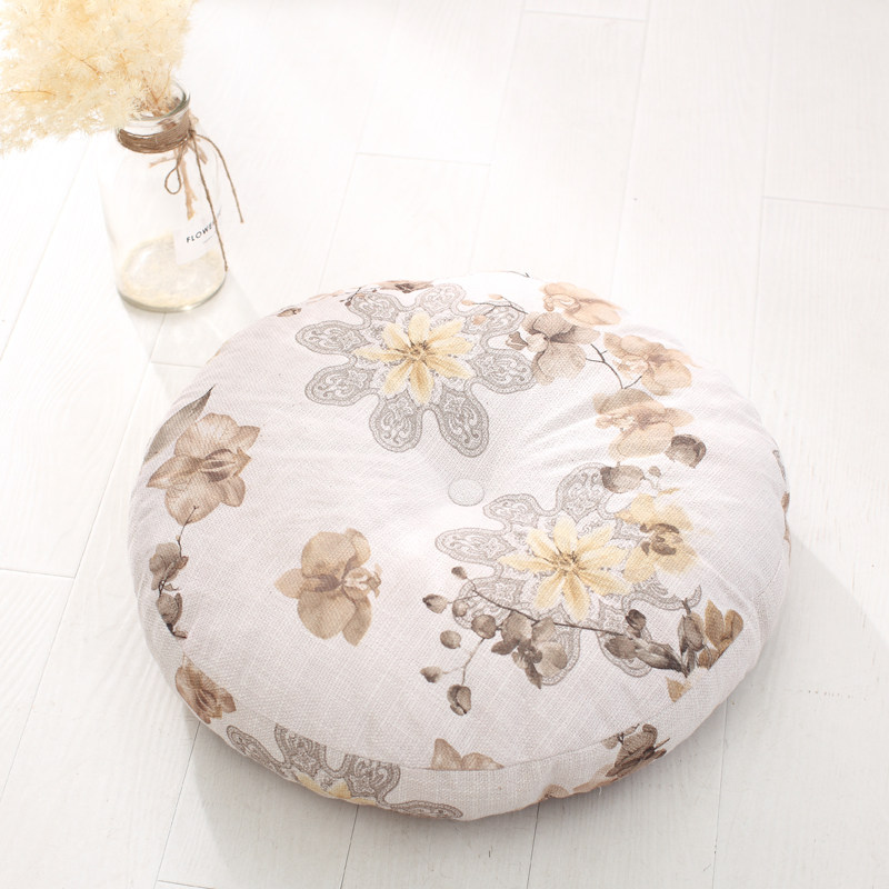 Round linen floor cushion with vintage floral print, central tufted fixed structure